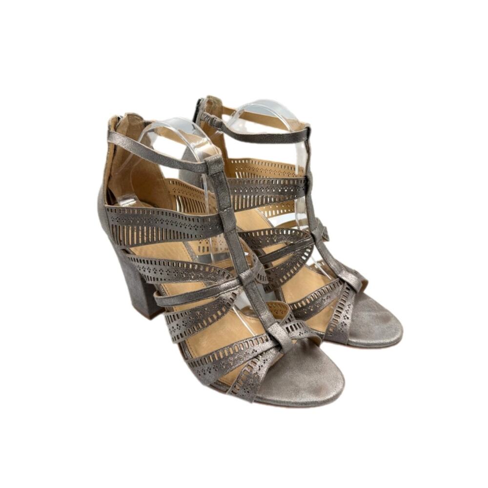 Vince Camuto Nizana Silver Metallic Strappy Perforated Block Heeled Tall Sandals